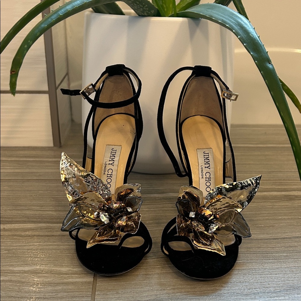Jimmy Choo Black and Metallic Floral Heels